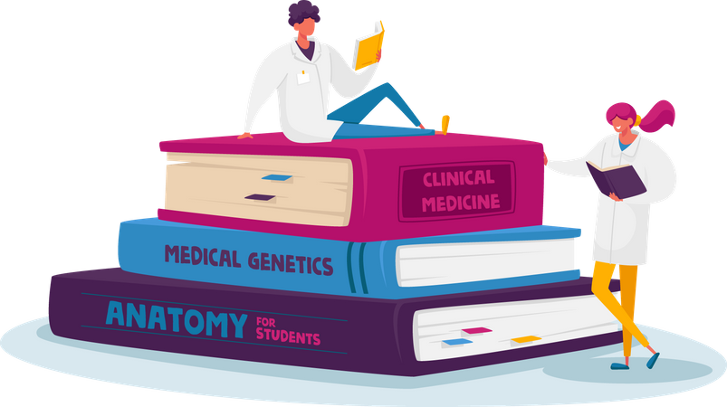 Tiny Medical Interns Characters in White Robe Studying Medicine Disciplines on Read on Huge Books Pile Prepare for Exam  Illustration