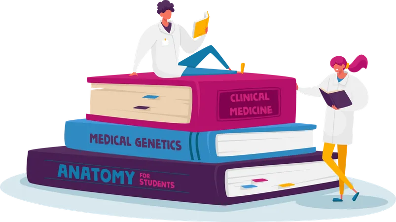 Tiny Medical Interns Characters in White Robe Studying Medicine Disciplines on Read on Huge Books Pile Prepare for Exam  Illustration