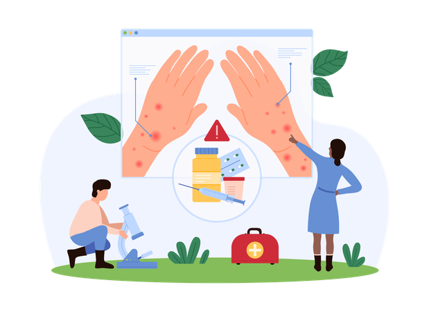 Tiny people diagnose symptoms of dermatitis on patients skin  Illustration