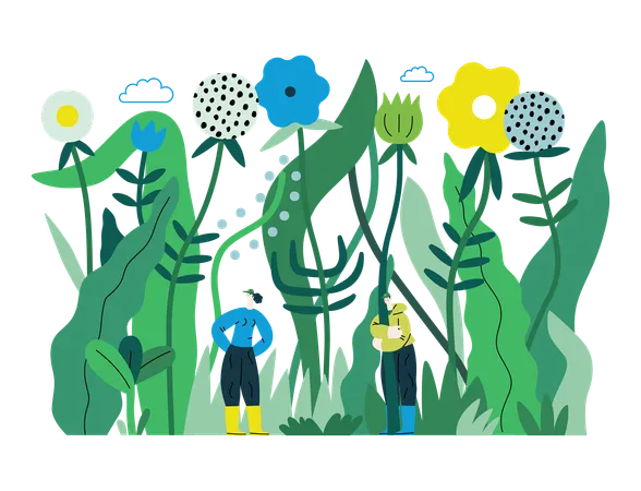 Greenery Ecology Modern Flat Vector Concept Illustration Of Tiny People In The Grass Surrounded By Plants And Flowers Metaphor Of Environmental Sustainability And Protection Closeness To Nature 일러스트레이션
