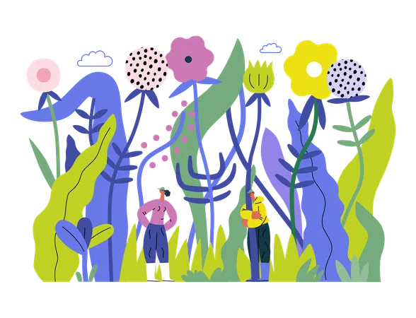 Greenery Ecology Modern Flat Vector Concept Illustration Of Tiny People In The Grass Surrounded By Plants And Flowers Metaphor Of Environmental Sustainability And Protection Closeness To Nature 일러스트레이션