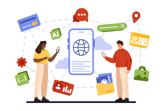 Tiny people use app on big phone with multiple connection  Illustration