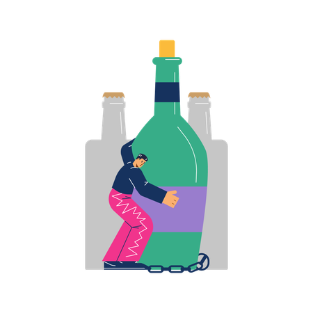 Tiny sad man chained to huge bottle  Illustration