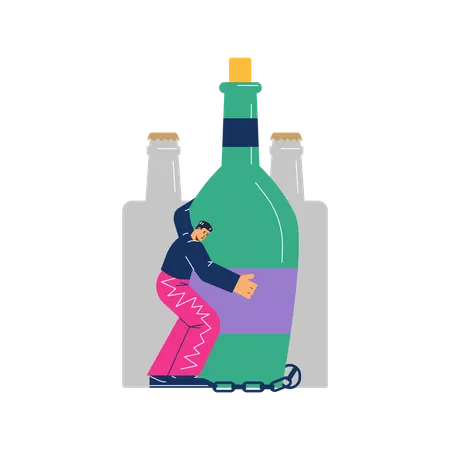 Tiny sad man chained to huge bottle  Illustration