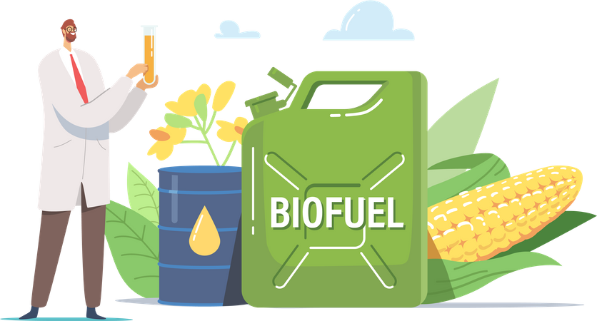Tiny Scientist Chemist Holding Glass Flask with Liquid Eco Petrol  Illustration