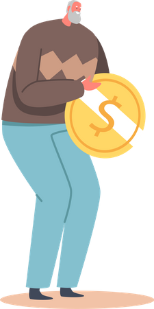 Tiny Senior Man with Huge Golden Coin  Illustration