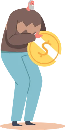 Tiny Senior Man with Huge Golden Coin  Illustration