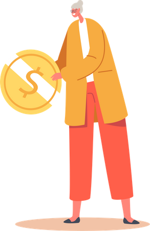Tiny Senior Woman with Huge Golden Coin Illustration