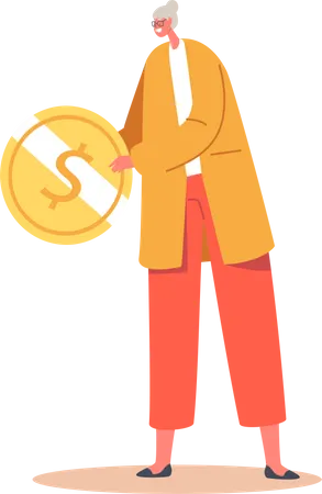 Tiny Senior Woman with Huge Golden Coin  Illustration
