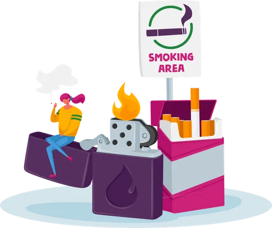 Tiny Woman Character Smoking Cigarette in Special Area with Sign Sitting and Huge Lighter. Girl Get Pleasure of Smoking  Illustration