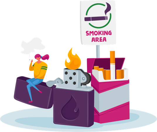 Tiny Woman Character Smoking Cigarette in Special Area with Sign Sitting and Huge Lighter. Girl Get Pleasure of Smoking  Illustration