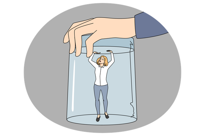 Tiny woman employee under glass  Illustration