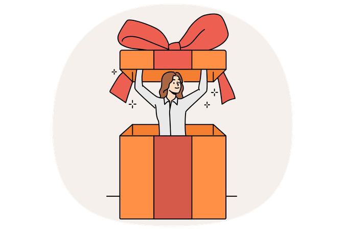 Tiny woman inside gift box with bow  Illustration