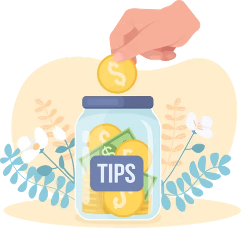 Tip Jar 2 D Vector Isolated Illustration Giving Money To Charity Dropping Coin As Contribution Financial Contribution Flat Scene On Cartoon Background Aid With Budget Colourful Scene Illustration