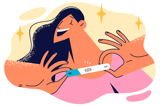Mulher jovem com tira de teste de gravidez  Ilustração