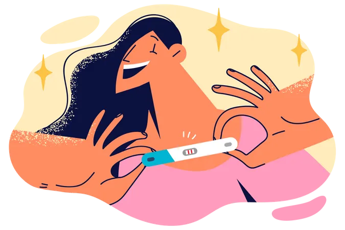 Mulher jovem com tira de teste de gravidez  Ilustração