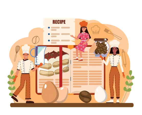 Tiramisu Dessert People Cooking Delicious Italian Cake Sweet Slice Of Restaurant Bakery With Sweet Mascarpone Cheese Cocoa And Biscuit Flat Vector Illustration Illustration