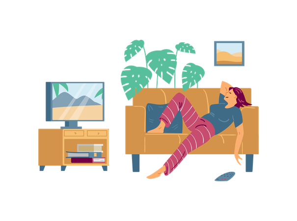 Tire or lazy young woman lying on couch and watching tv at home  Illustration