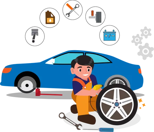 Tire Repair And Change Service Shop With Car Mechanic Service To Car With Flat Tire Vector Illustration Illustration