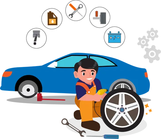 Tire repair and change service shop with car mechanic service to car with flat tire  Illustration