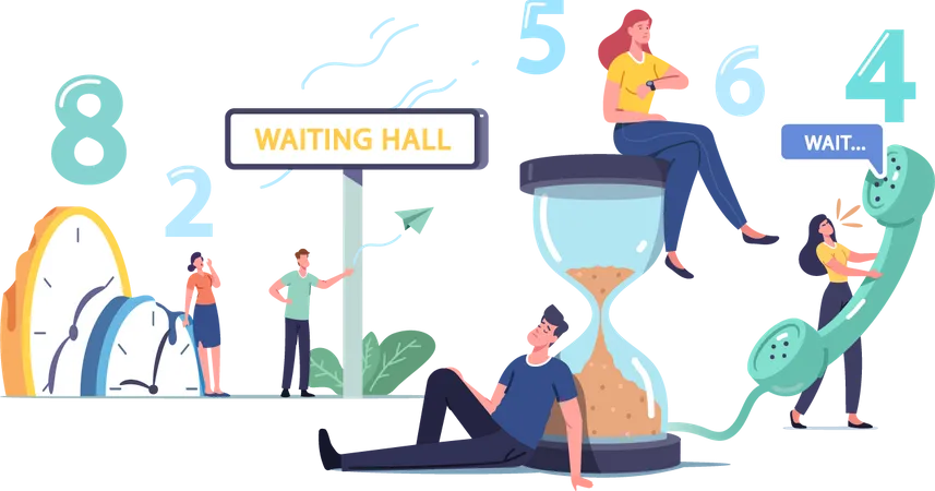 Tired and Bored people Too Long Waiting in Office Hall Illustration
