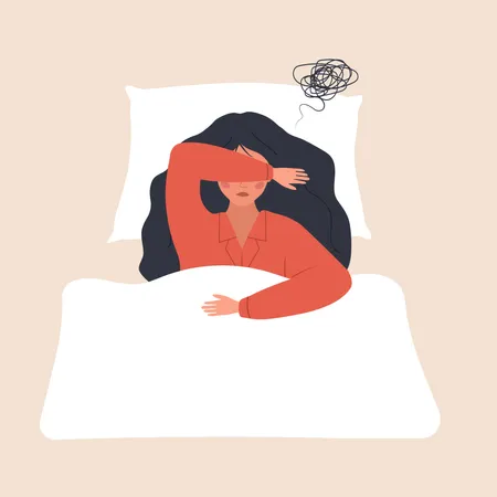 Tired and upset woman lying in bed and suffer from headache  Illustration