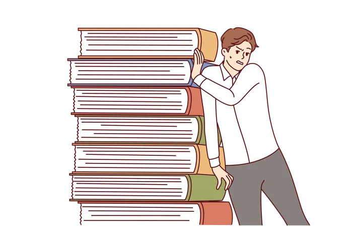 Tired Business Man Near Stack Of Books Is Experiencing Difficulties Due To Large Amount Of Corporate Training Material Overworked Guy Feeling Stressed After Learning About Importance Of Reading Books Illustration