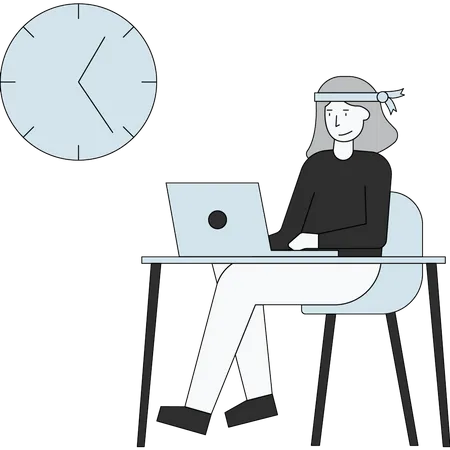 The Girl Is Working On The Laptop With Her Head Tied Illustration
