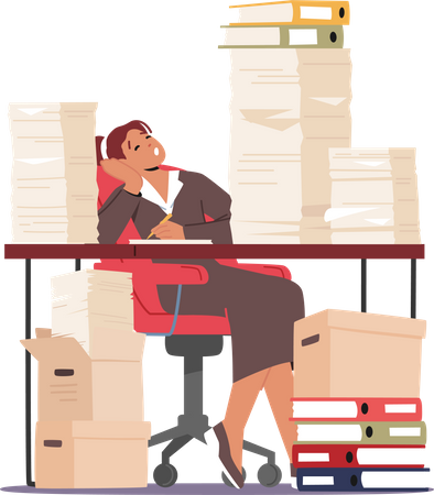 Tired Business Woman Sleeping at Workplace with Heaps of Documents and Paperwork  Illustration