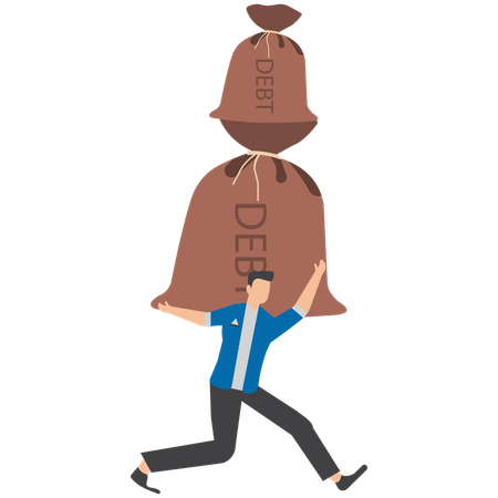 Tired businessman carry giant money bag labeled Debt symbolizing heavy burden of financial obligation  Illustration