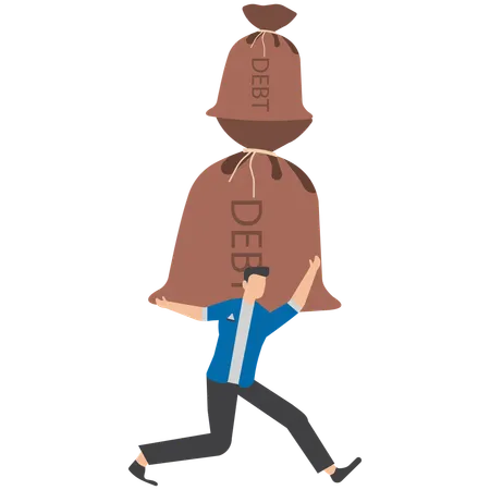 Tired businessman carry giant money bag labeled Debt symbolizing heavy burden of financial obligation  Illustration