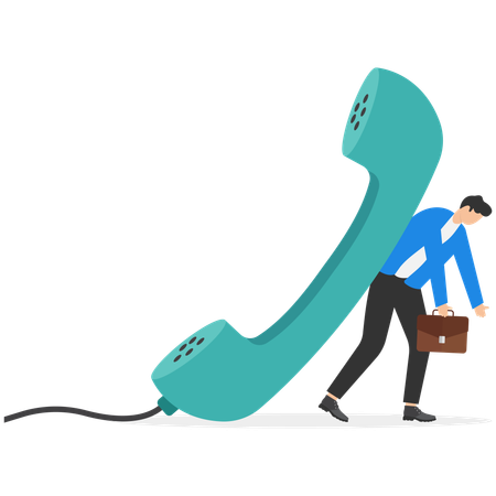 Tired businessman carrying huge vintage telephone  Illustration