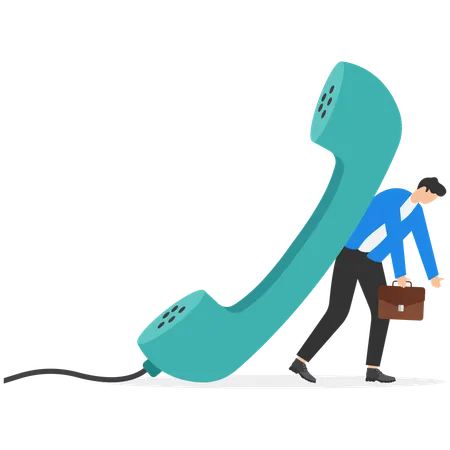 Tired businessman carrying huge vintage telephone  Illustration