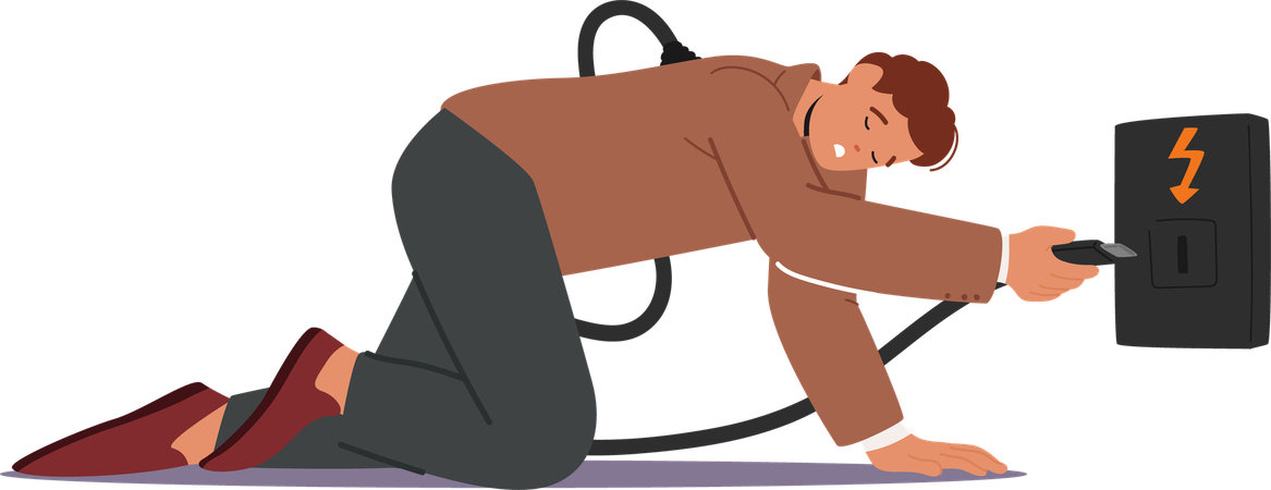 Tired Businessman Character Kneels While Plugging Into  Outlet To Recharge His Energy Symbolizing  Need For Rest  Illustration