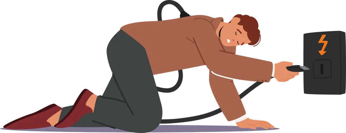 Tired Businessman Character Kneels While Plugging Into  Outlet To Recharge His Energy Symbolizing  Need For Rest  Illustration