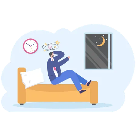 Tired Businessman Coming Home Late At Night After Hard Work Day Illustrator Vector Cartoon Drawing Illustration