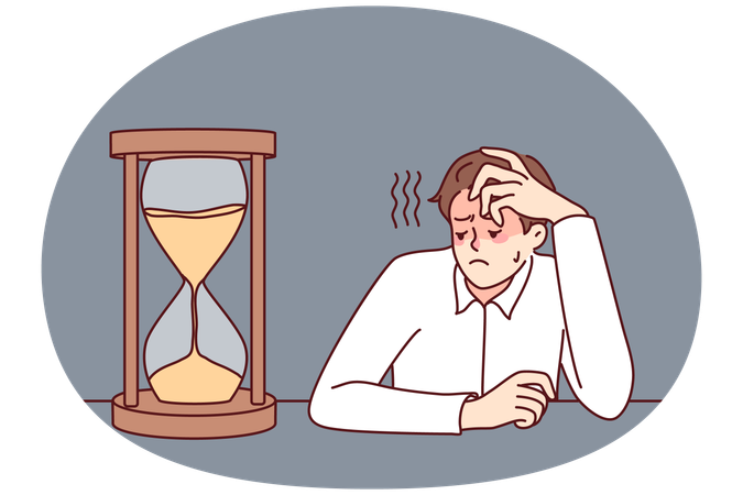 Tired businessman looking at hourglass  Illustration