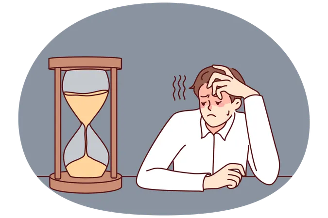 Tired businessman looking at hourglass  Illustration