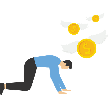 Tired businessman looking money flying away  Illustration