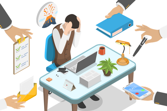 Tired businessman overworked during project deadline  Illustration