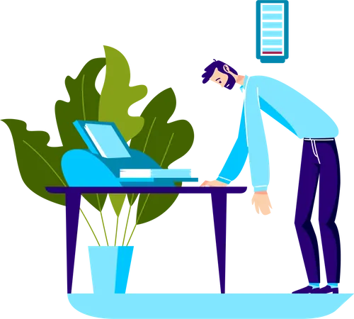 Tired businessman printing new documents  Illustration