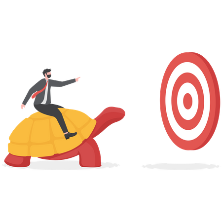 Tired businessman riding snail slow walking on arrow to reach target  Illustration