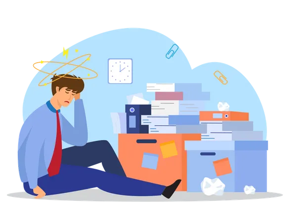 Tired businessman sitting on floor with large pile of documents  Illustration
