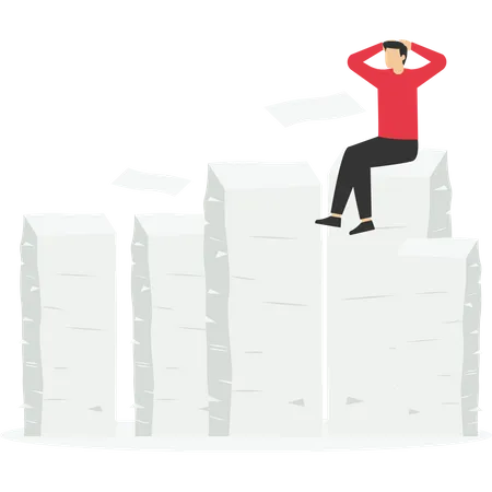 Tired businessman sitting on many documents  Illustration