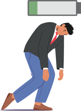 Tired Businessman  Standing With Slumped Shoulders And  Low Battery  Illustration