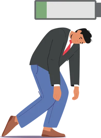 Tired Businessman  Standing With Slumped Shoulders And  Low Battery  Illustration