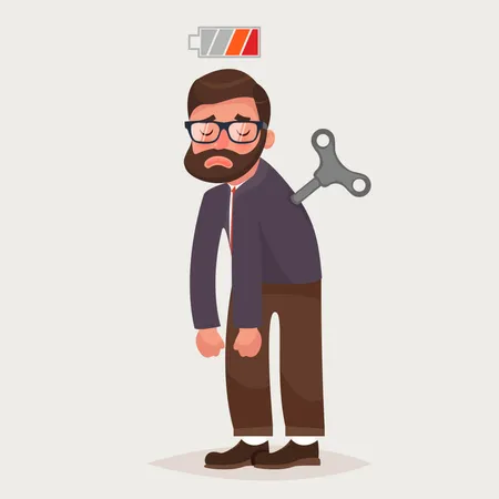 Tired businessman with Clockwork key and empty battery  Illustration