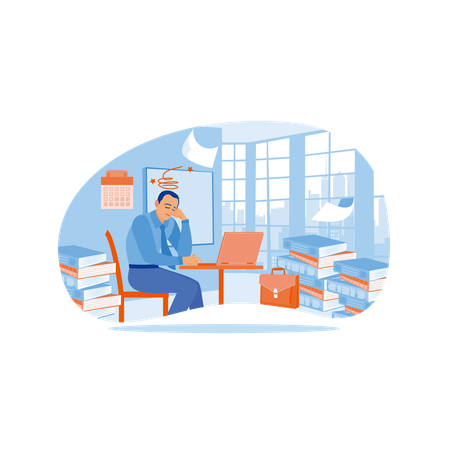 Tired businessman working in the office  Illustration