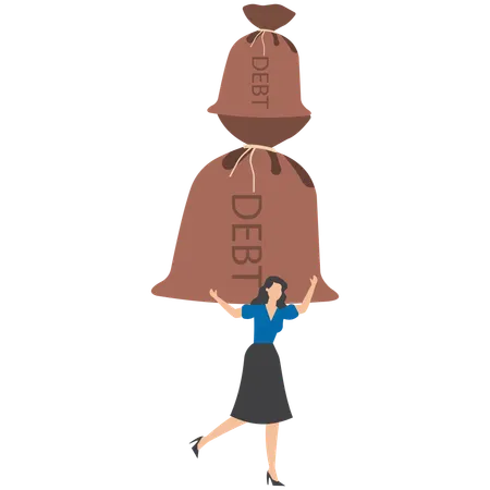 Tired businesswoman carry giant money bag labeled Debt symbolizing heavy burden of financial obligation  Illustration