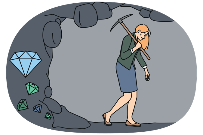 Tired businesswoman quit struggle with diamonds digging feeling exhausted and overwhelmed with work  Illustration